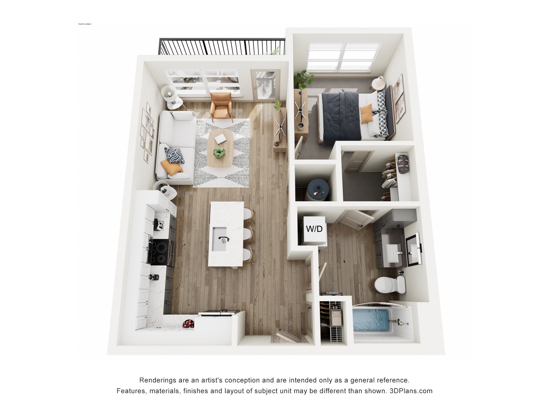 Floor plan for 1 bed, 1 bath, 674 sqft